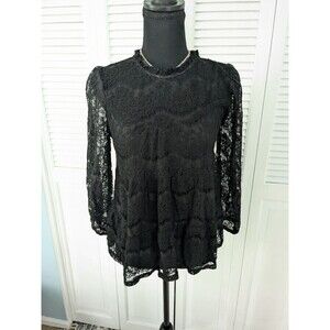 Monteau Los Angeles Top Women M Black Lace 3/4 Sleeve Blouse Romantic Boho Goth